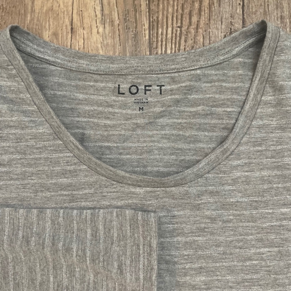 LOFT Gray Striped Long Sleeve Scoop Neck Pocket T Shirt Top‎ Womens Medium